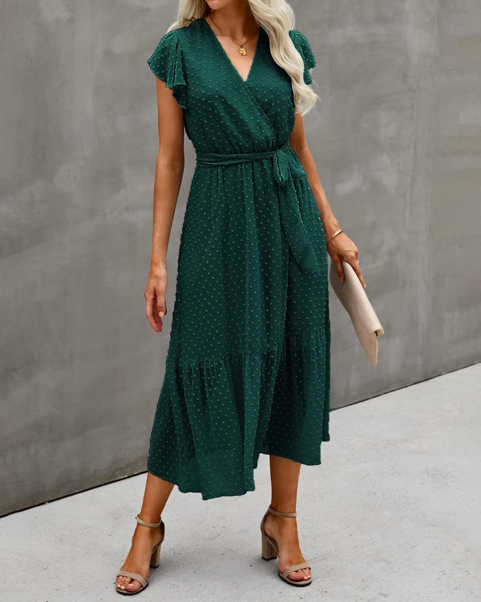 Thumbnail 3 de BTFBM Women Summer Bohemian Floral Wrap Midi Dress with V-Neck and Pleated Hem