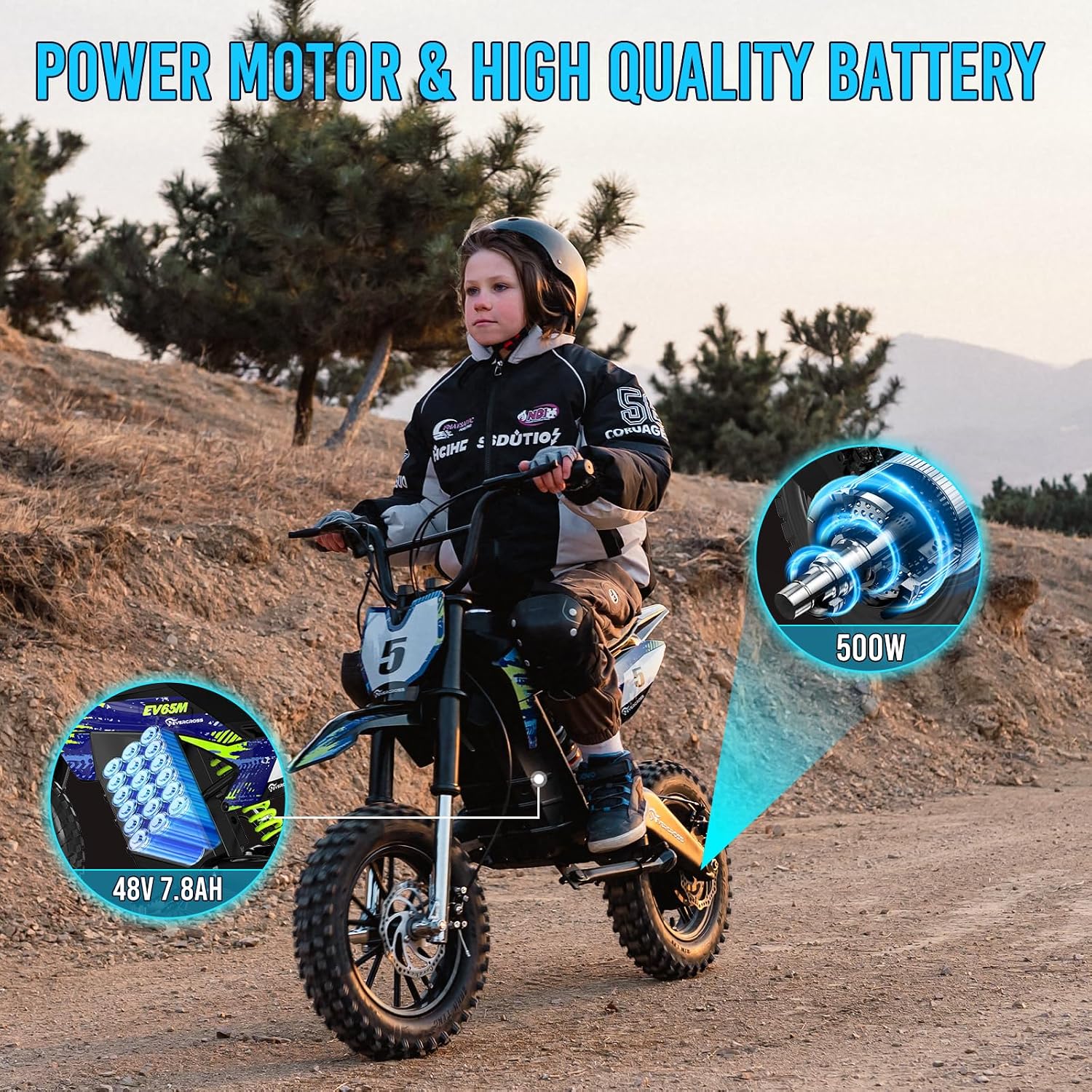 Thumbnail 2 de EVERCROSS EV65M 48V Motocicletta Elettrica per Bambini – 500W, 3 Velocità, Autonomia 20 km, Pneumatici 14