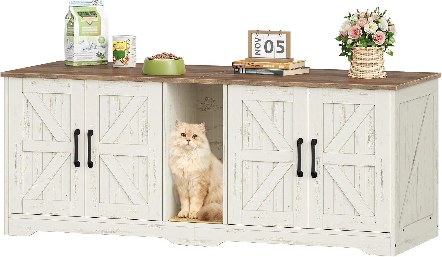 Detalle de Fobyfurny Katzenklo Schrank für 2 Katzen – 140 x 50 x 55 cm, Braun & Weiß (FPCB103PWR1)