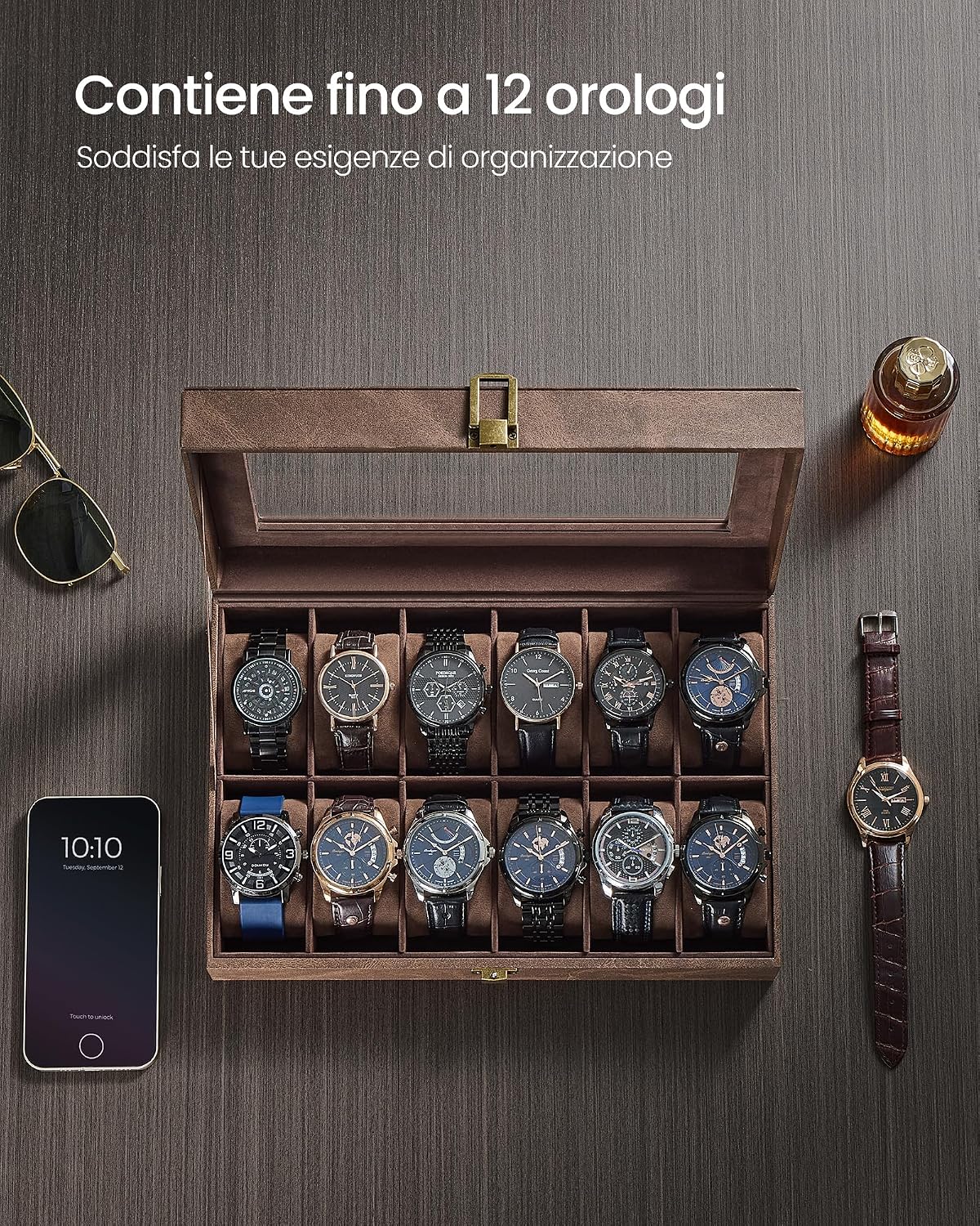 Detalle de SONGMICS Porta Orologi a 12 Posti JWB120KQ02 – Scatola portaorologi con coperchio in vetro e cuscini rimovibili