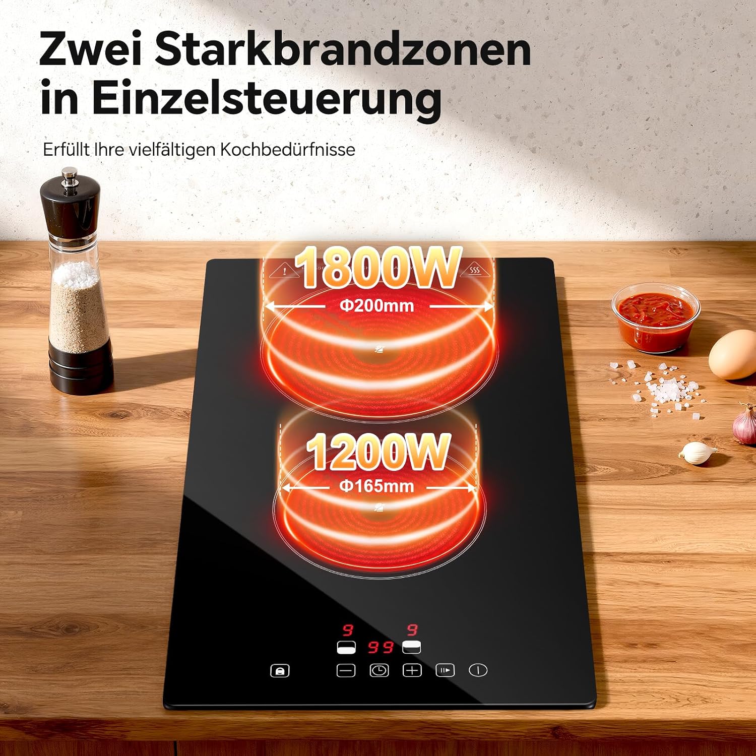 Detalle de SNDOAS Glaskeramik-Kochfeld mit 2 Platten, 3000 W, Touch, Timer (1–99 Min) und Kindersicherung – schwarz