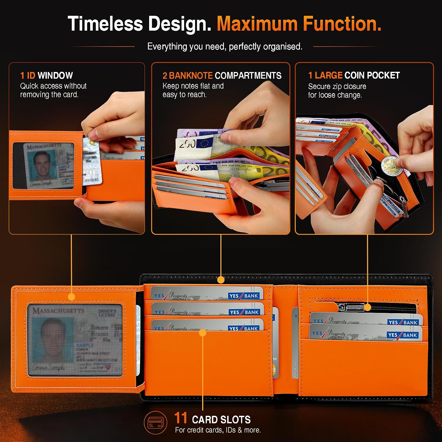 Detalle de TEEHON RFID Blocking Wallet – Slim Genuine Leather Wallet for Men UK, 11 Card Slots, 2 Note Compartments & Coin Pocket (Black & Orange)