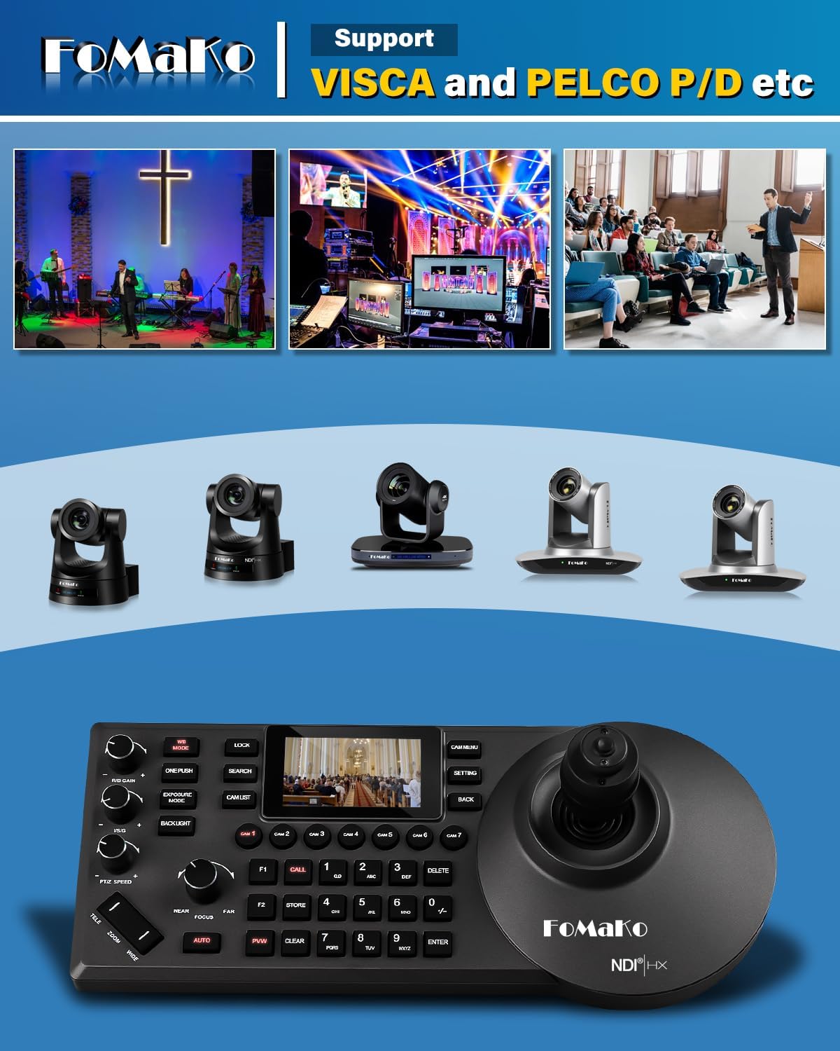 Thumbnail 3 de FoMaKo KC608 Pro NDI PTZ Camera Controller (Black) with PoE, 4D Joystick and LCD Preview