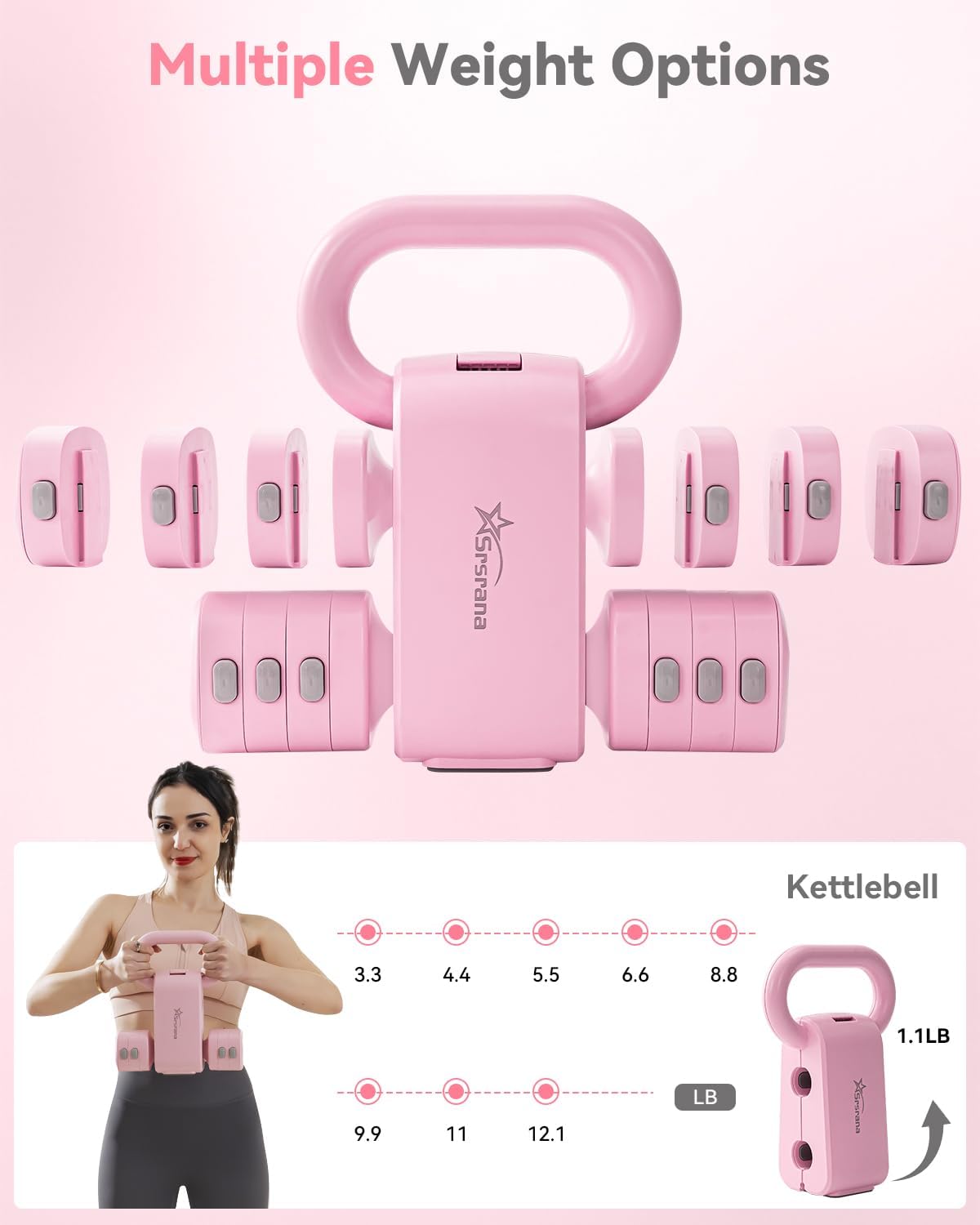 Detalle de Srsrana 2-in-1 Adjustable Dumbbell and Kettlebell Set, 1.1–12.1 lb