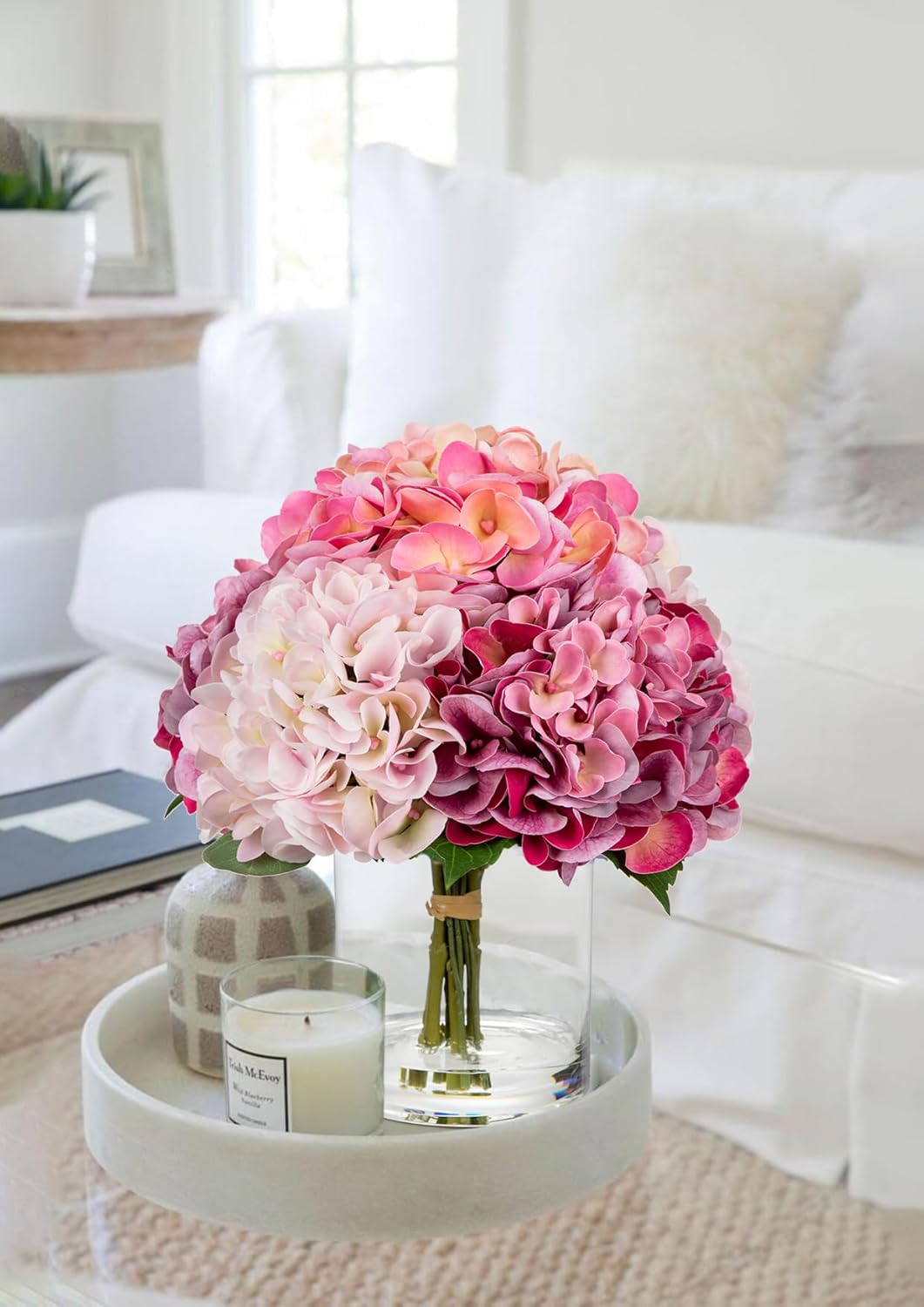 Thumbnail 3 de Oairse Kunstblumen mit 5 Hortensien in Glasvase – Real Touch Kunstwasser für Hochzeit, Zuhause & Hotel