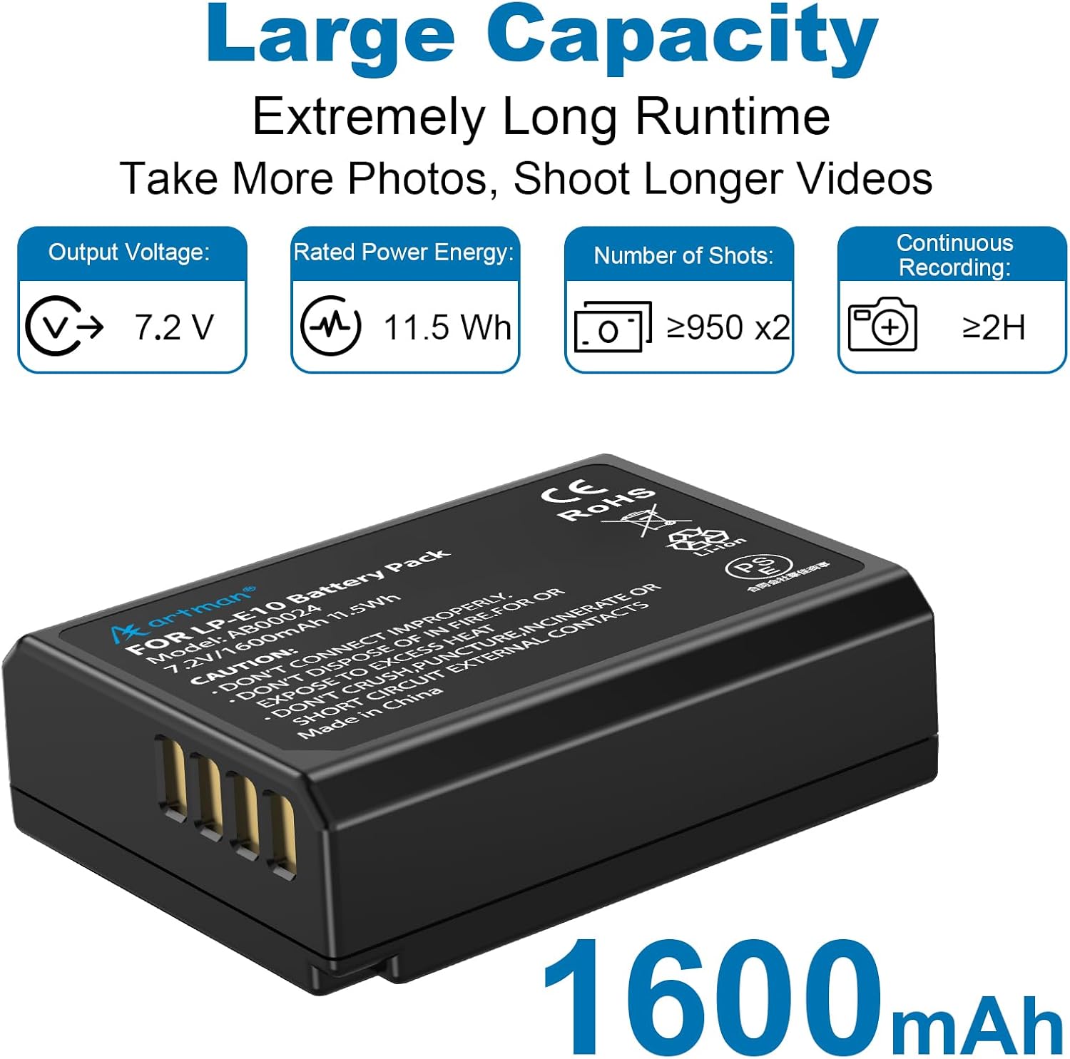 Detalle de Artman LP‑E10 1600mAh battery 2-pack for Canon