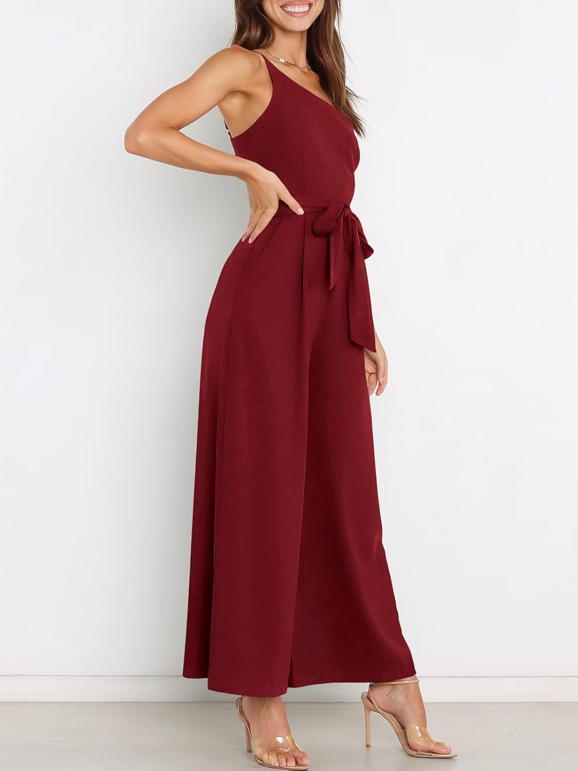 Thumbnail 1 de ANRABESS Women Summer Dressy Jumpsuits: One-Shoulder Sleeveless Wide-Leg Romper