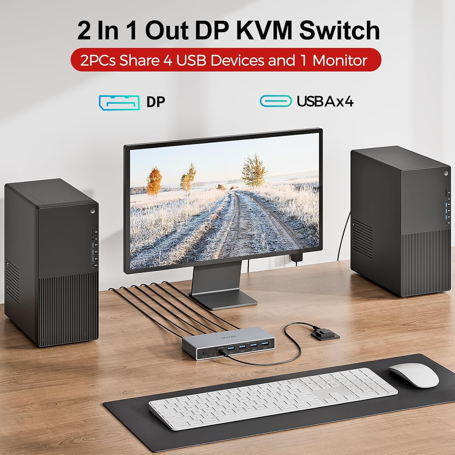 Detalle de Unitek 8K@60Hz DisplayPort KVM Switch: 1 Monitor, 2 Computers, USB 3.0