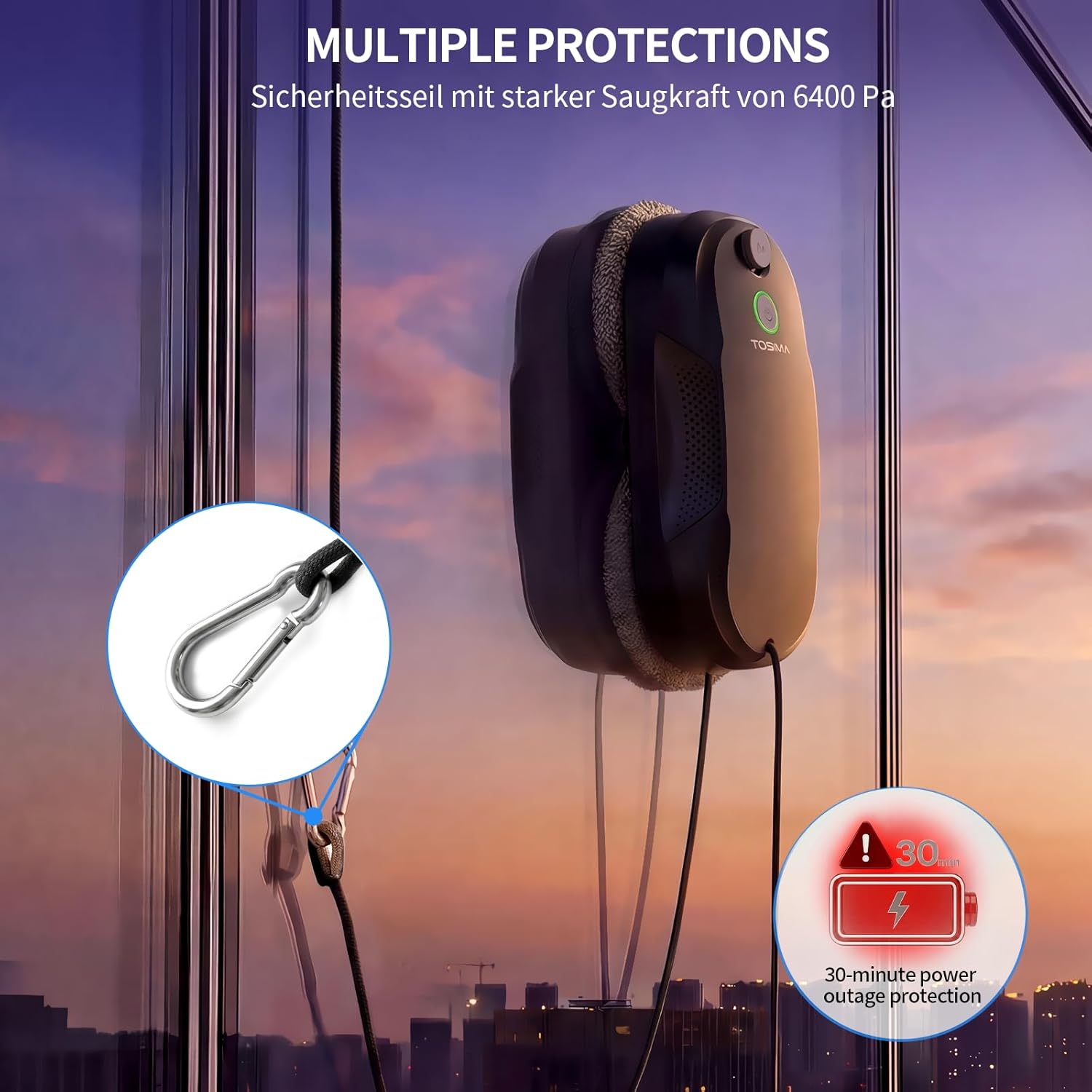 Thumbnail 5 de Tosima W5 Pro robot laveur de vitres 6400 Pa, double pulvérisation et 20 chiffons en microfibre (noir)