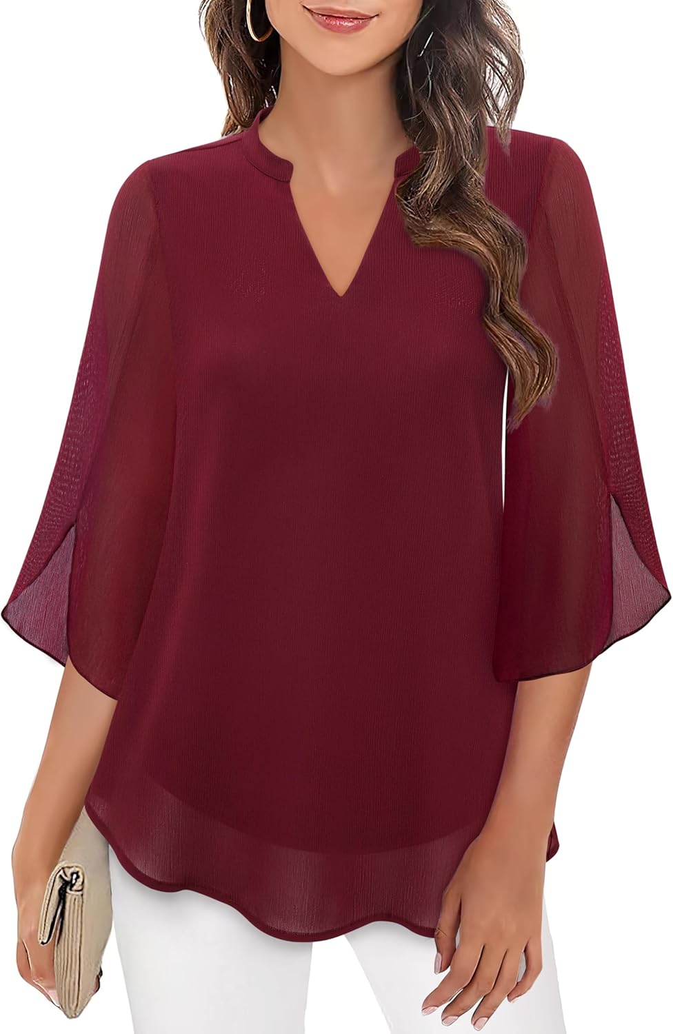 Thumbnail 6 de Bebonnie Women’s Dressy Casual Ruffle 3/4 Sleeve V-Neck Chiffon Blouse