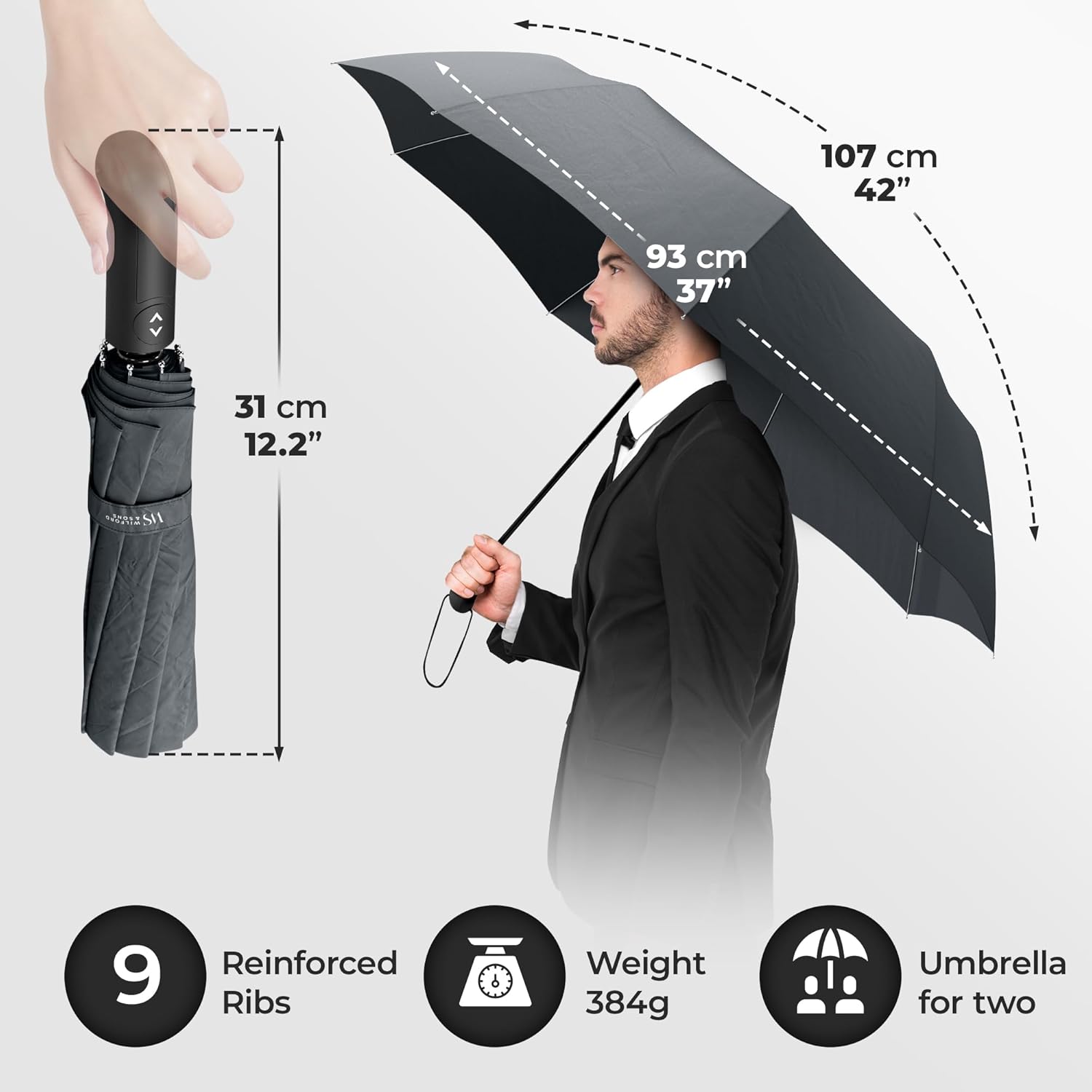 Thumbnail 4 de Windproof Compact Umbrella with Double Canopy, Auto Open/Close and Teflon Coating (Grey) – Strong Storm Proof Frame