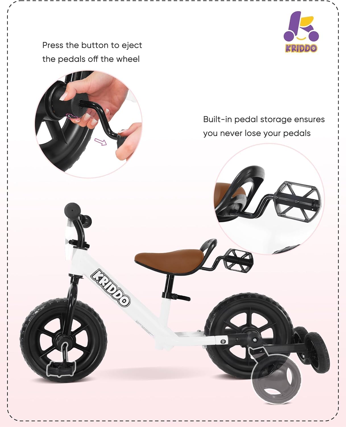 Thumbnail 2 de KRIDDO 2-in-1 Kids Tricycle and Toddler Balance Bike (2 Year Old) — Detachable Pedals & Stowable Training Wheels, White