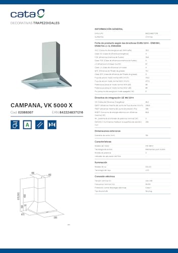 Detalle de Cata VK 5000 X Campana Extractora con Control Mecánico, 3 Niveles y 480 m³/h