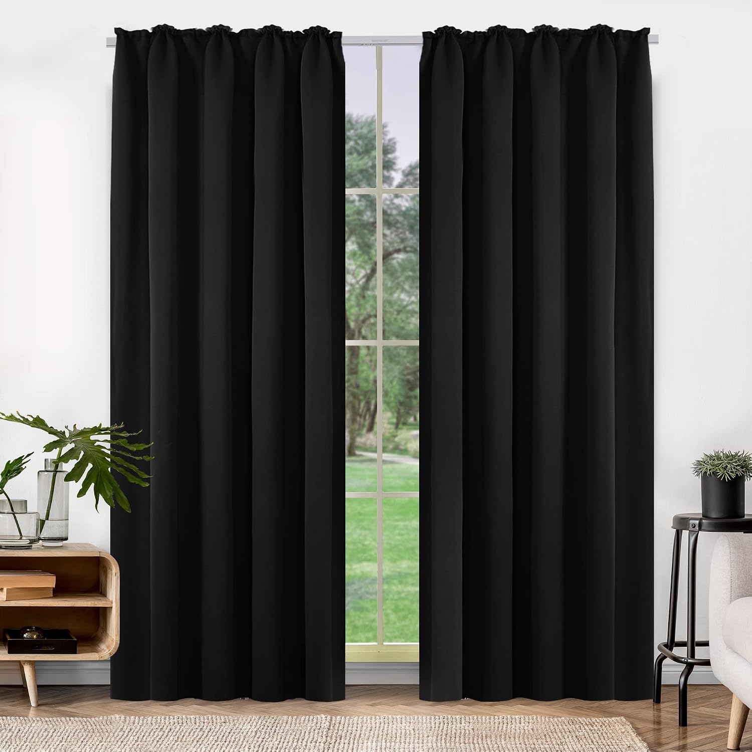 Detalle de Deconovo Thermo Verdunkelungsvorhänge mit Kräuselband, 220x140 cm (Höhe x Breite), Schwarz – 2er Set