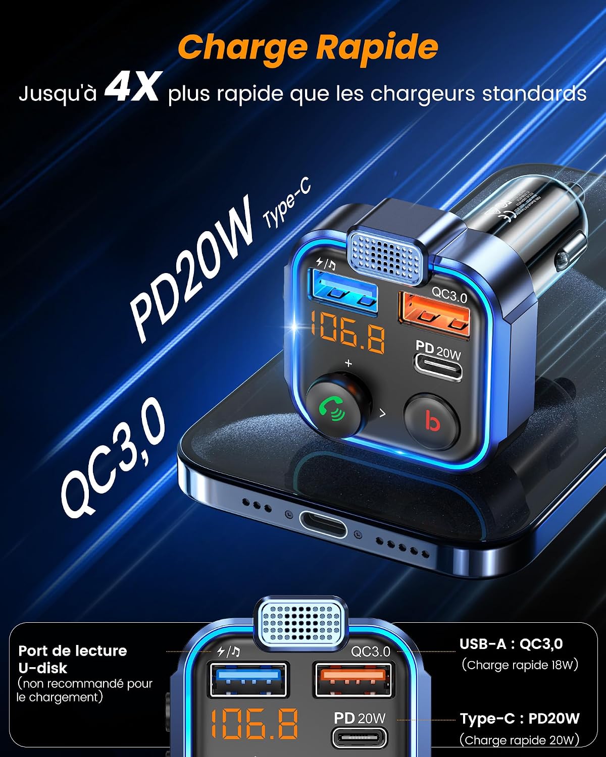 Detalle 1 de LENCENT Bluetooth FM-zender voor de auto met USB-C, QC 3.0 en basversterking