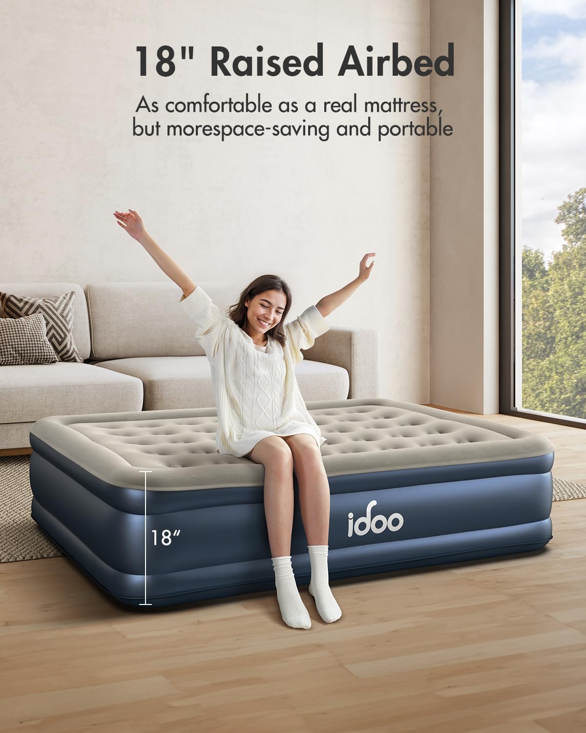 Thumbnail 6 de iDOO R-M001-GY Twin Air Mattress with Built-in Pump and Flocked Top