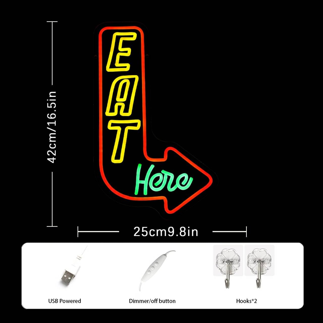Detalle 2 de LMSIGNLY Eat Here Neon Schild – Pfeil-Neon für Küche, Wohnzimmer und mehr