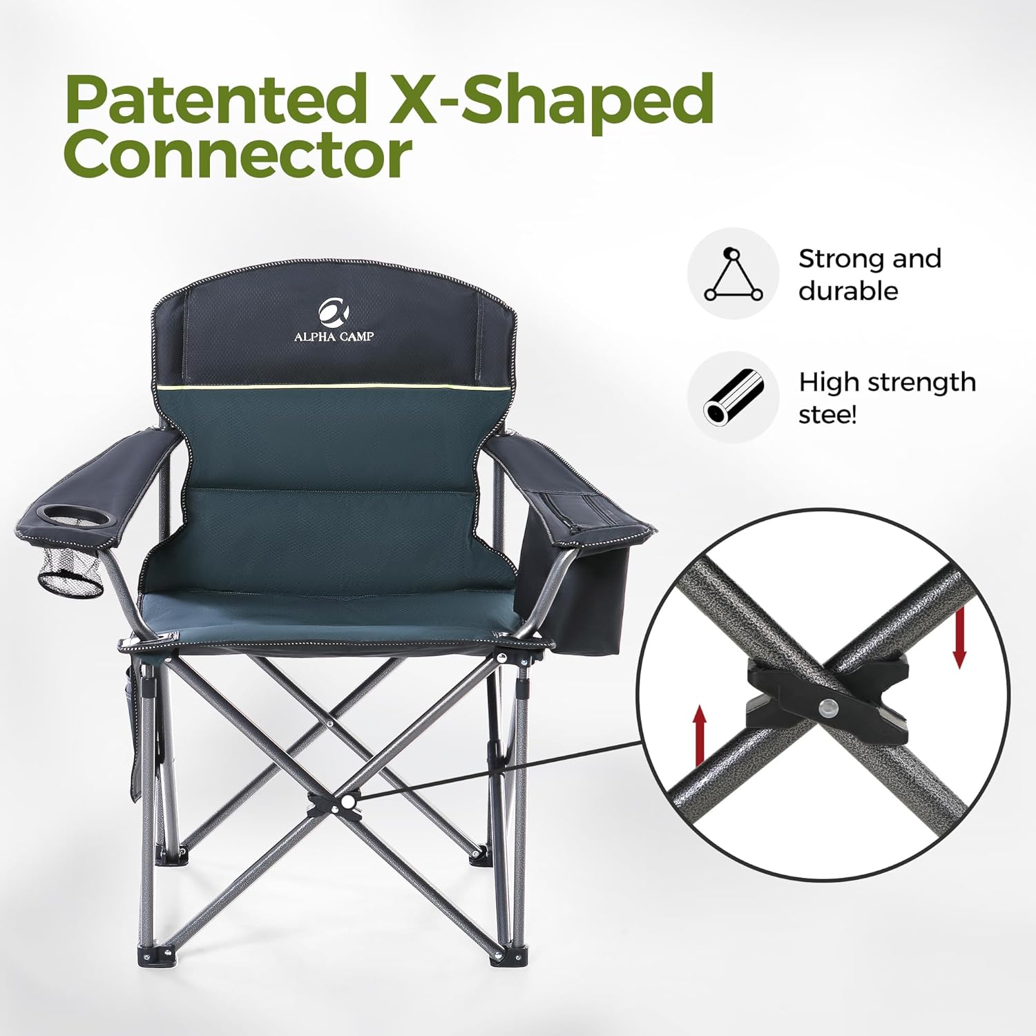 Detalle de ALPHA CAMP Set of 2 Heavy-Duty Camping Chairs for Adults – Up to 200 kg (Green)