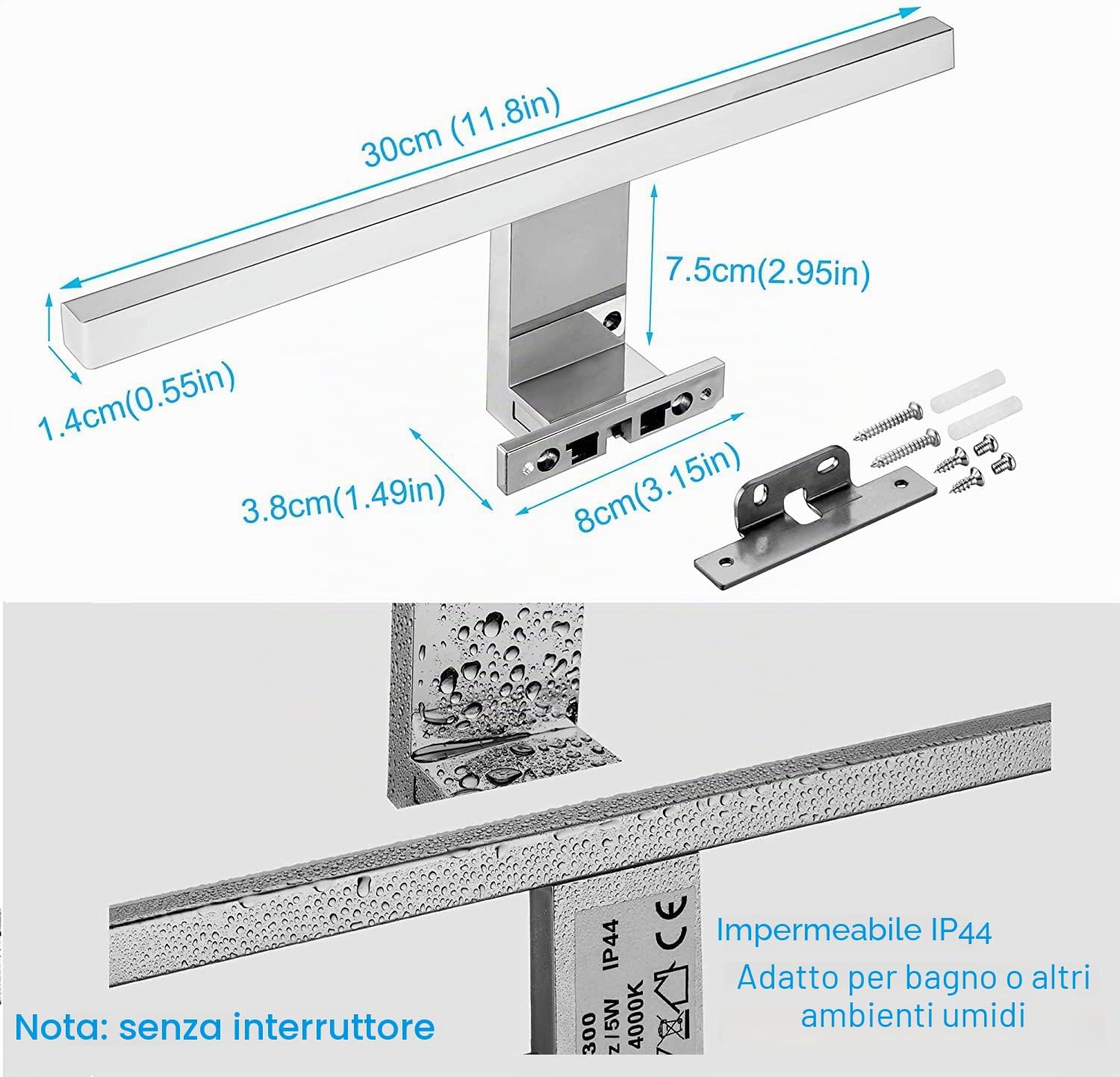 Detalle de Azhien Lampada da specchio LED 5W 30 cm IP44 4000K 400 lm per bagno, bianco neutro