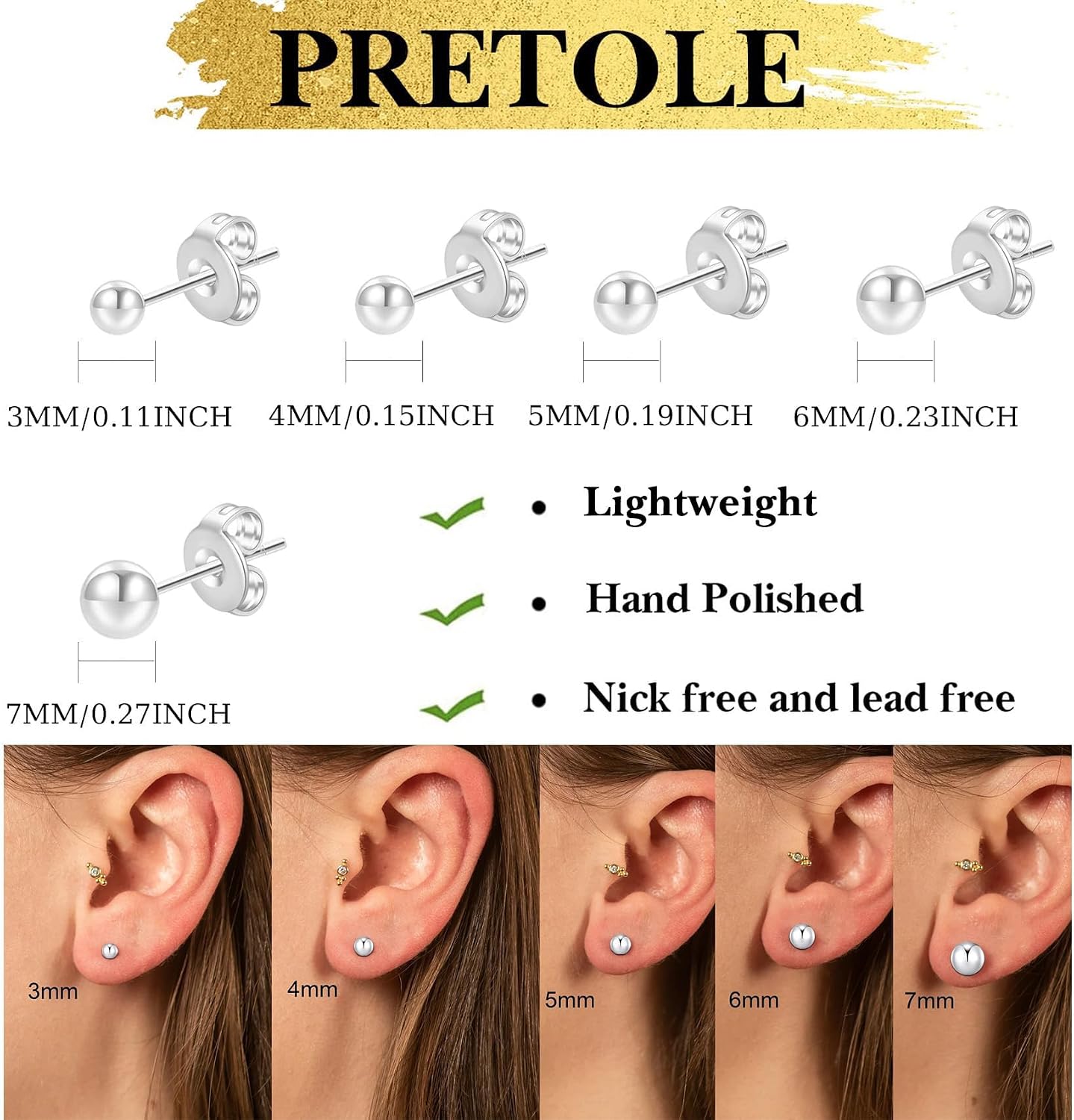 Detalle de PRETOLE Sterling Silver Stud Earrings – 3–7mm Ball Stud Set (925 Silver)