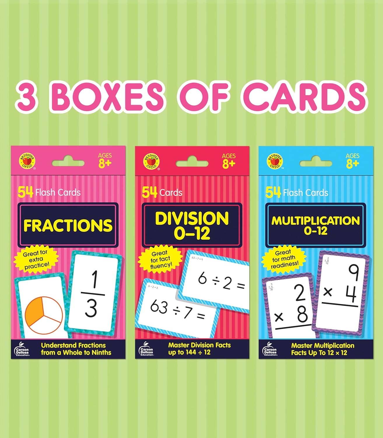 Detalle de Carson Dellosa Fractions, Multiplication & Division Flash Cards — 3-Pack for 3rd Grade Math Practice