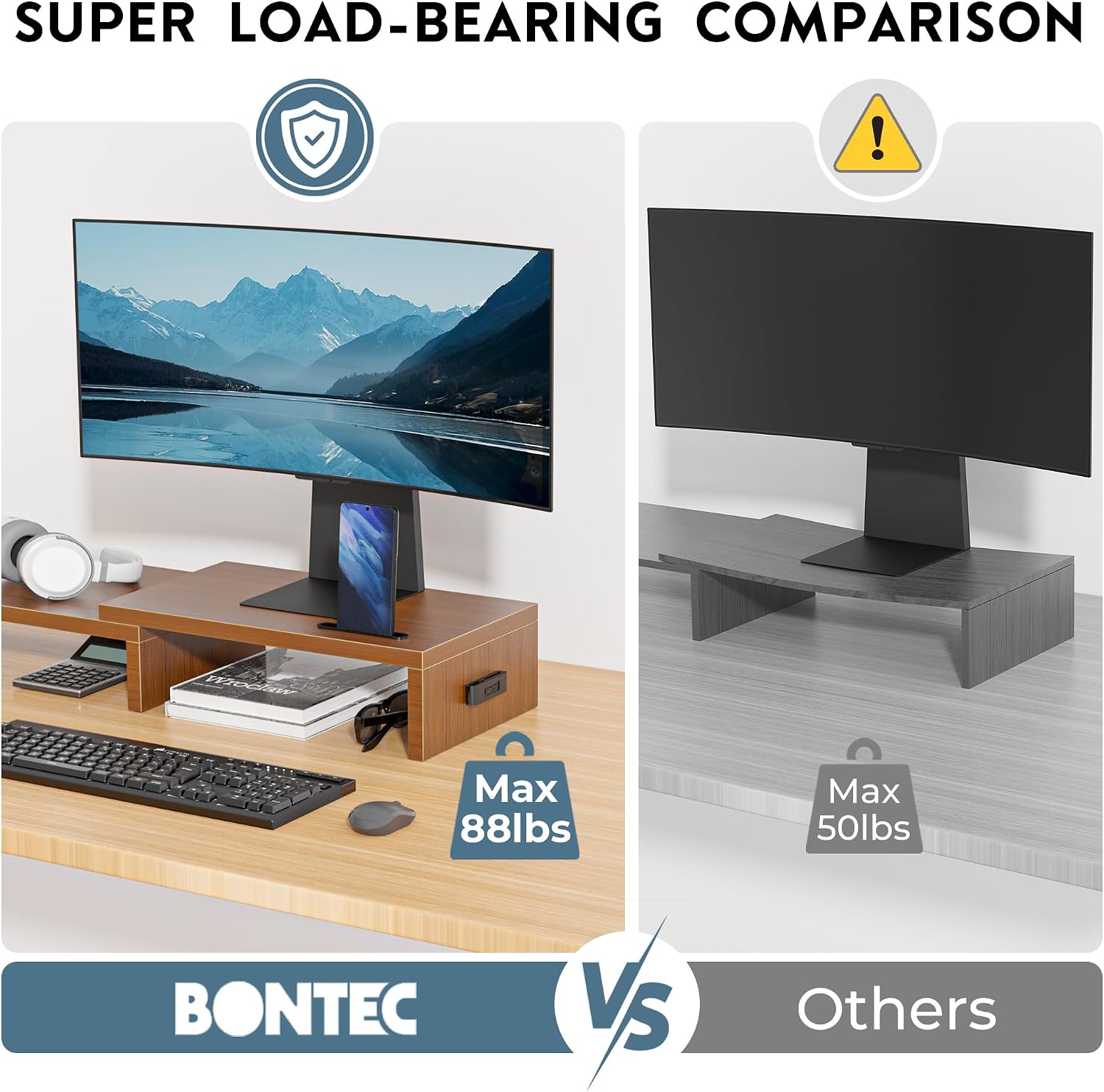 Thumbnail 5 de BONTEC Dual Monitor Stand Riser, Adjustable Walnut Desk Organizer