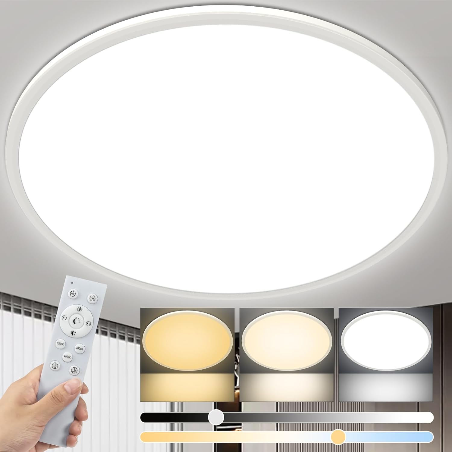 Thumbnail 1 de Bowfar 59 cm LED-Deckenlampe flach (56 W) mit Fernbedienung, 3000–6500 K, dimmbar, weiß
