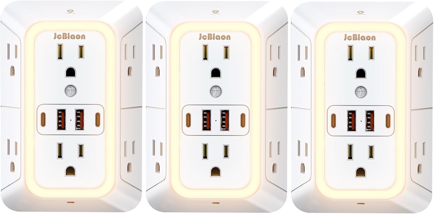 Detalle de 3 Pack Outlet Extender with Night Light: 6-Outlet Surge Protector with 2 USB-A and 2 USB-C Ports (3-Sided, 1050J) – ETL