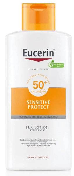 Detalle de Eucerin Loción Solar Corporal Extra Light SPF50+ 400 ml: protección suave y eficaz para toda la piel
