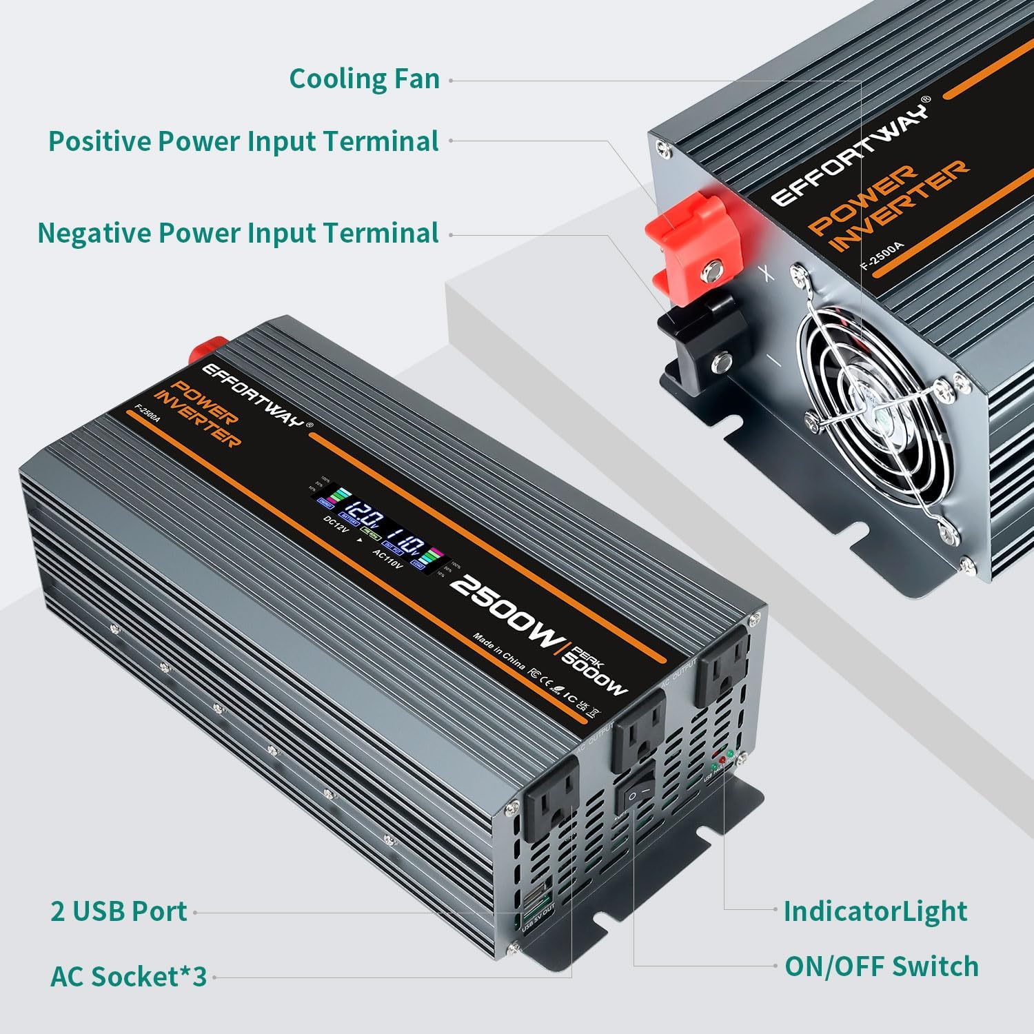 Detalle 1 de EFFORTWAY 2500W Power Inverter, 12V to 110V