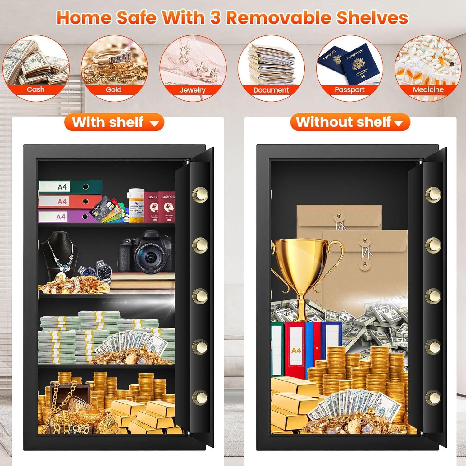 Detalle de Mejasg Large Home Safe Box with A4 Document Bag and 3 Removable Shelves – 102L, Alarm, and Silent Mode