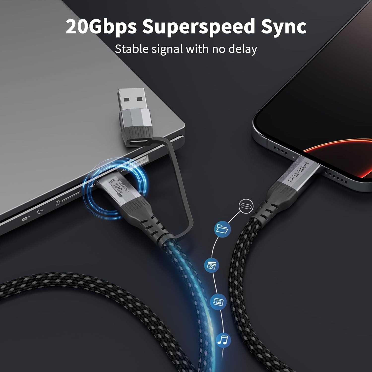 Thumbnail 3 de HOTUTUKI 2-in-1 USB A to USB C Cable 30cm, Braided nylon, 20Gbps USB-C to USB-C with detachable USB-A adapter