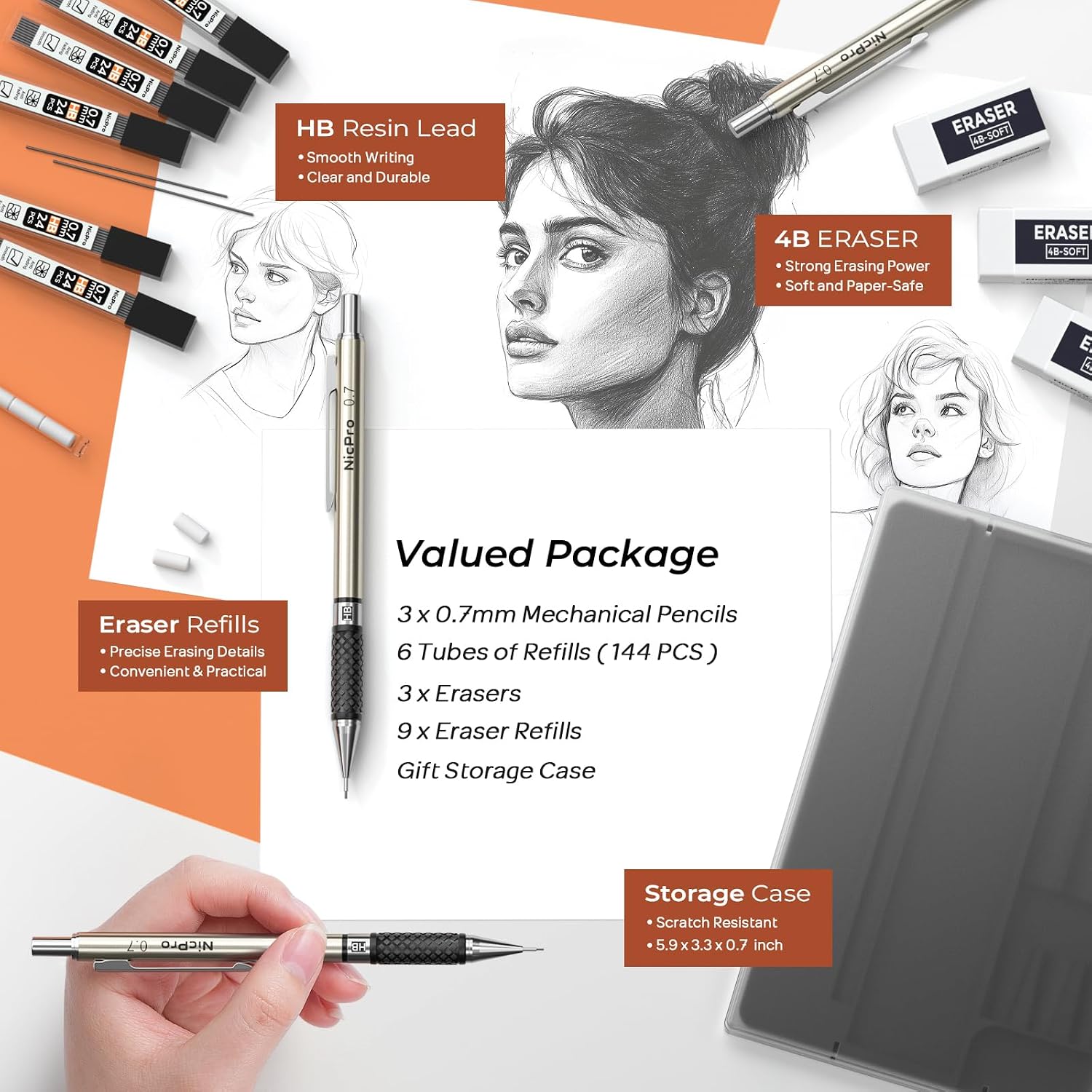 Detalle 2 de Nicpro 0.7 mm Art Mechanical Pencil Set (3 pcs) with Storage Case & HB Lead Refills