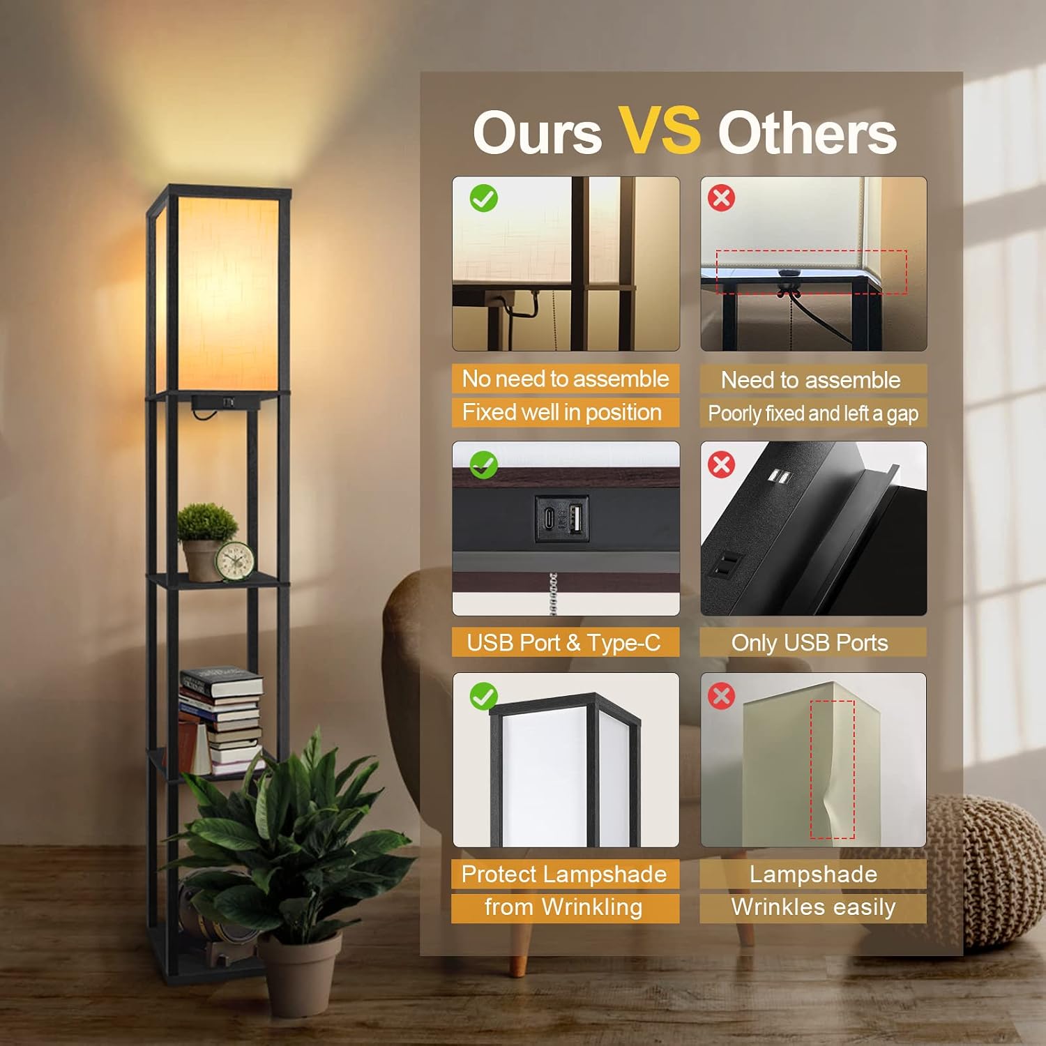 Detalle de OUTON FL03 houten vloerlamp met planken, afstandsbediening en dimbare led
