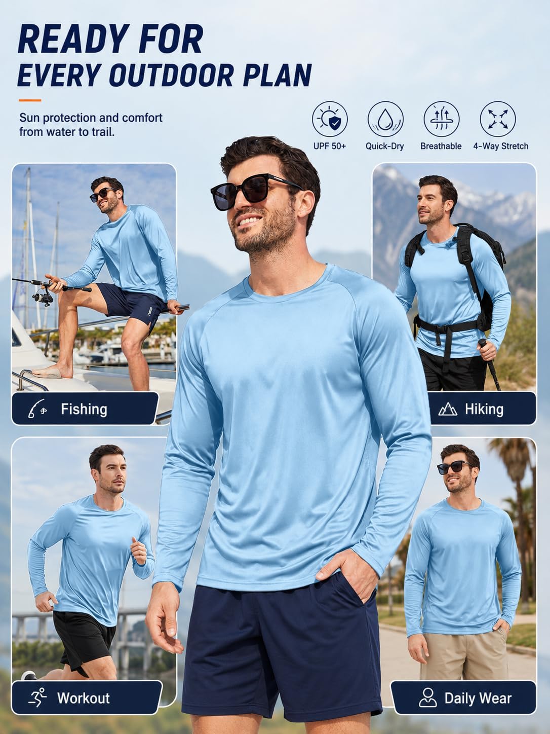 Detalle de Mens Sun Shirt UPF 50+ UV Protection 5 Pack: Long Sleeve Fast-Dry Athletic Tops