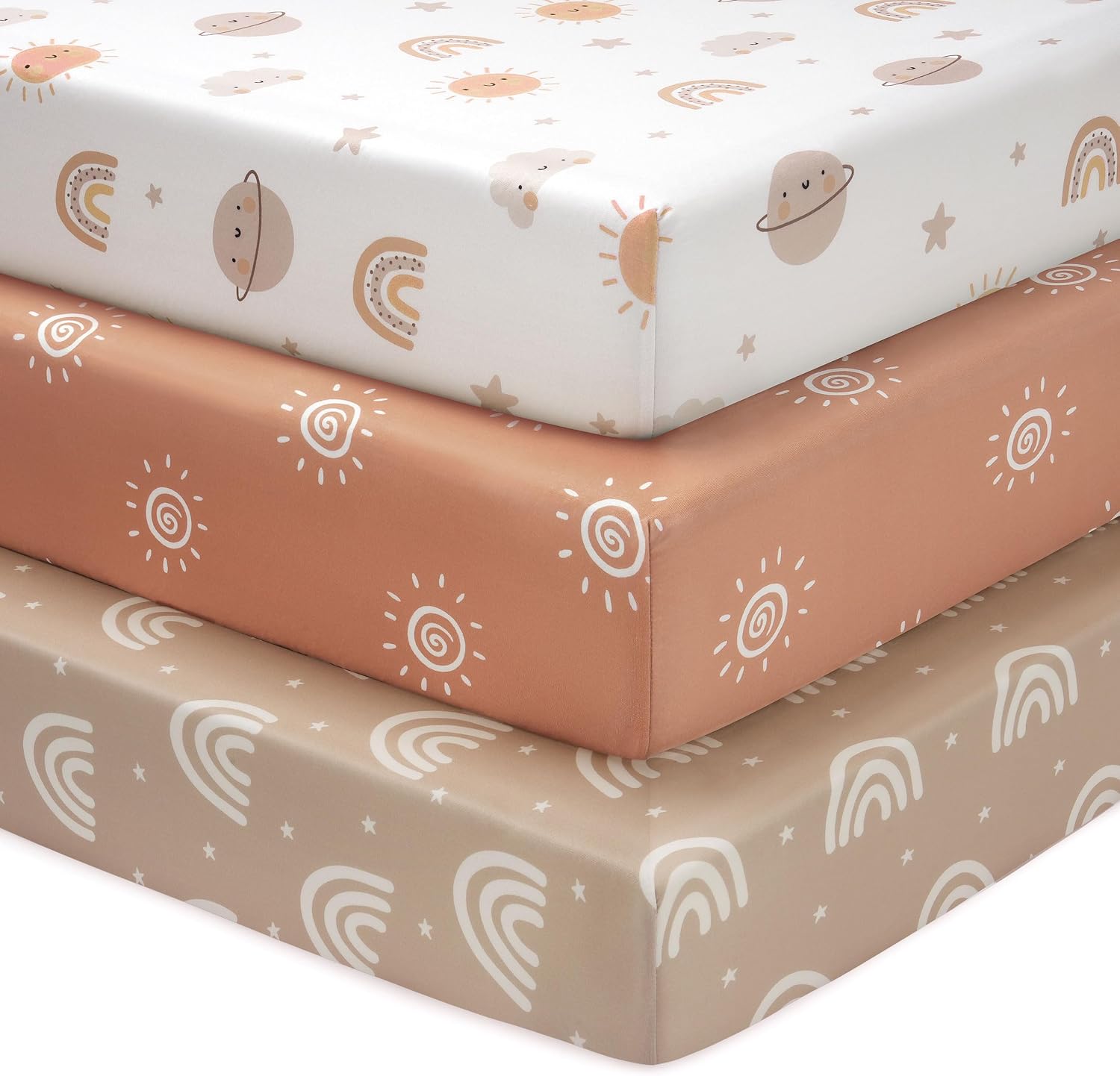 Detalle de FIEMOL Baby Spannbettlaken 60x120 cm (3er-Set) aus Mikrofaser – orange Sonne Regenbogen