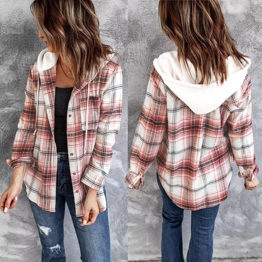 Detalle de LACOZY Women's Flannel Checked Shirt Hoodie – Loose Fit, Button-Down Buffalo Plaid Sweatshirt