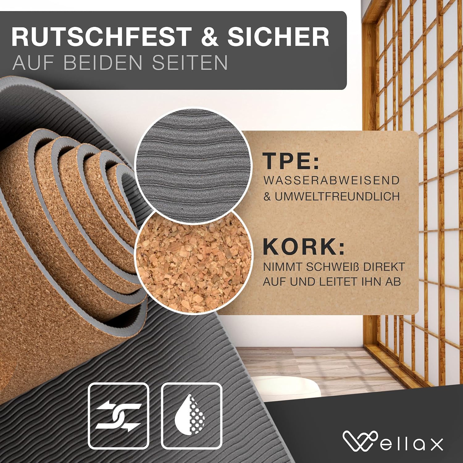 Detalle 2 de Wellax Cork Yoga Mat, 185 x 66 cm with Non-Slip TPE Base and Carry Strap