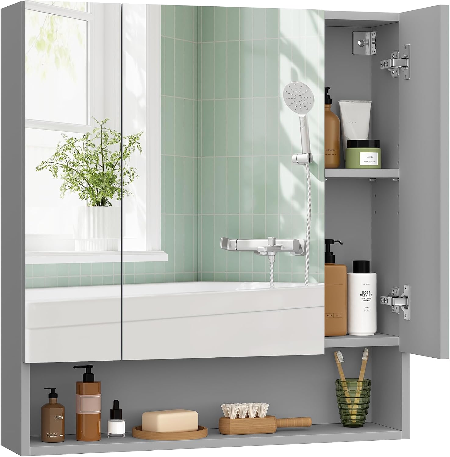 Detalle de VASAGLE KAILYN BBK129G01 Bathroom Mirror Cabinet, Dove Grey, 70 x 16.5 x 75 cm