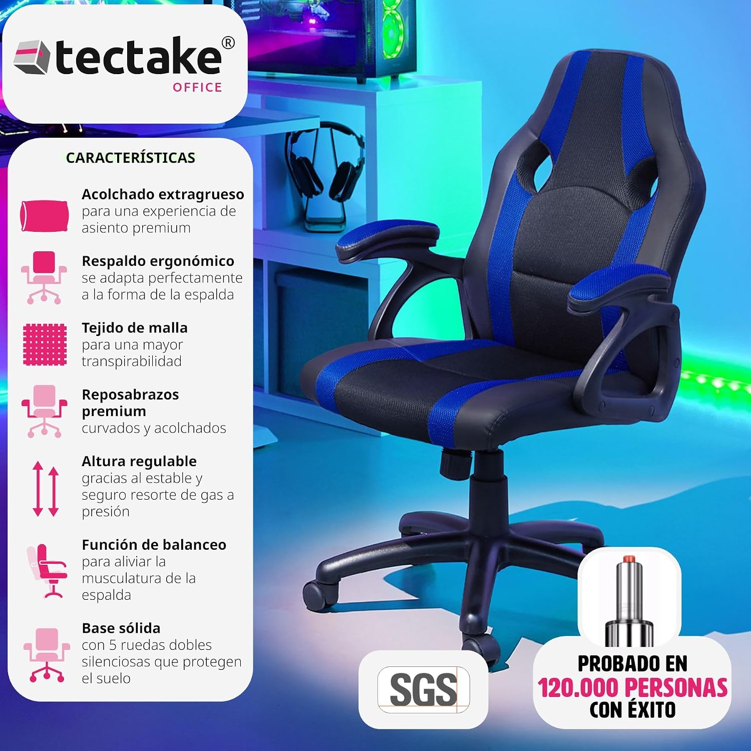 Detalle 2 de tectake Silla Gaming ergonómica con ajuste