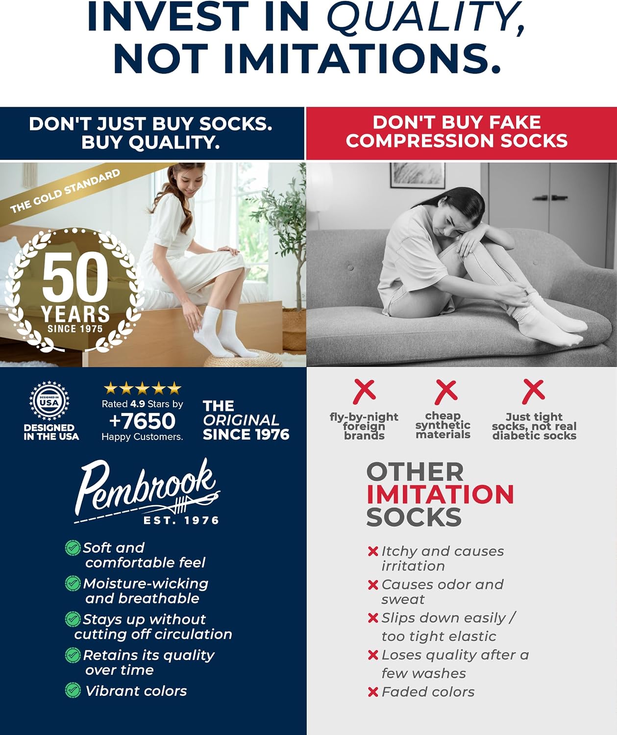 Detalle de Pembrook Ankle Diabetic Socks for Women & Men – 6 Pairs, Wide Non-Binding Quarter Length, Edema & Neuropathy Relief