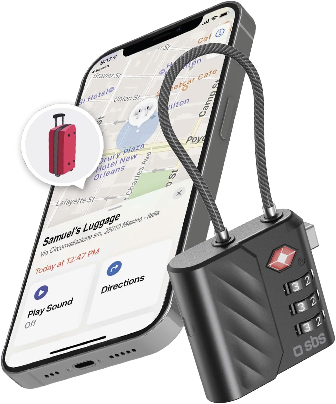 Detalle de SBS Track My Lock candado TSA con Find My