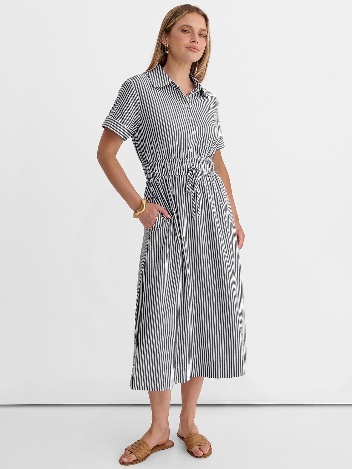 Detalle de ANRABESS Women Summer Short Sleeve Midi Dress: Striped & Gingham, Casual A-Line Shirt Dress