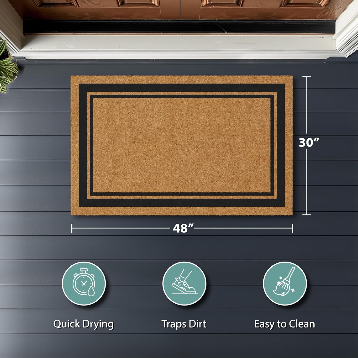 Detalle de Barnyard Designs Natural Coco Coir Heavy Duty Doormat (30x48) with Non-Slip Backing – Brown Border Welcome Mat