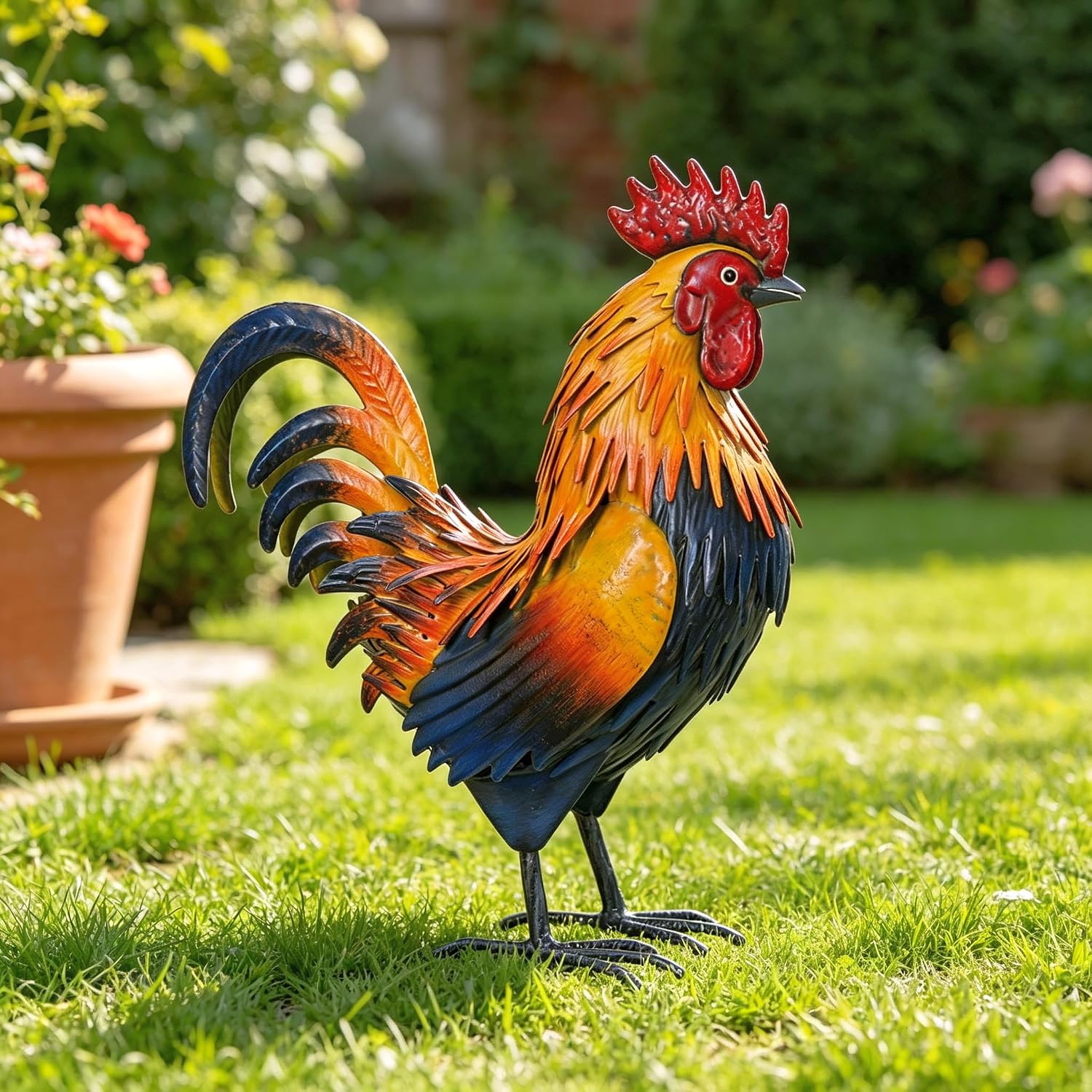 Detalle de Ratuor Metal Rooster Garden Statue, Brown Outdoor Decor, 12 x 5 x 14.5 Inches
