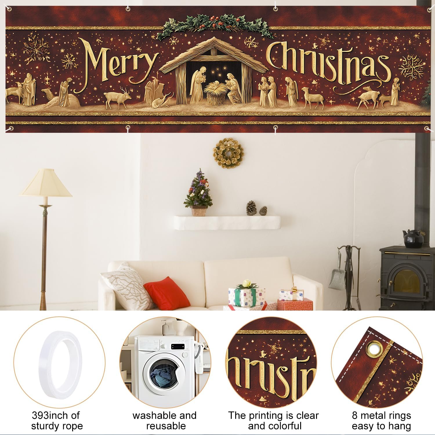 Thumbnail 2 de CRYSLOVE „Frohe Weihnachten“ Weihnachtsbanner für Balkon, Outdoor & Indoor – 300 x 90 cm