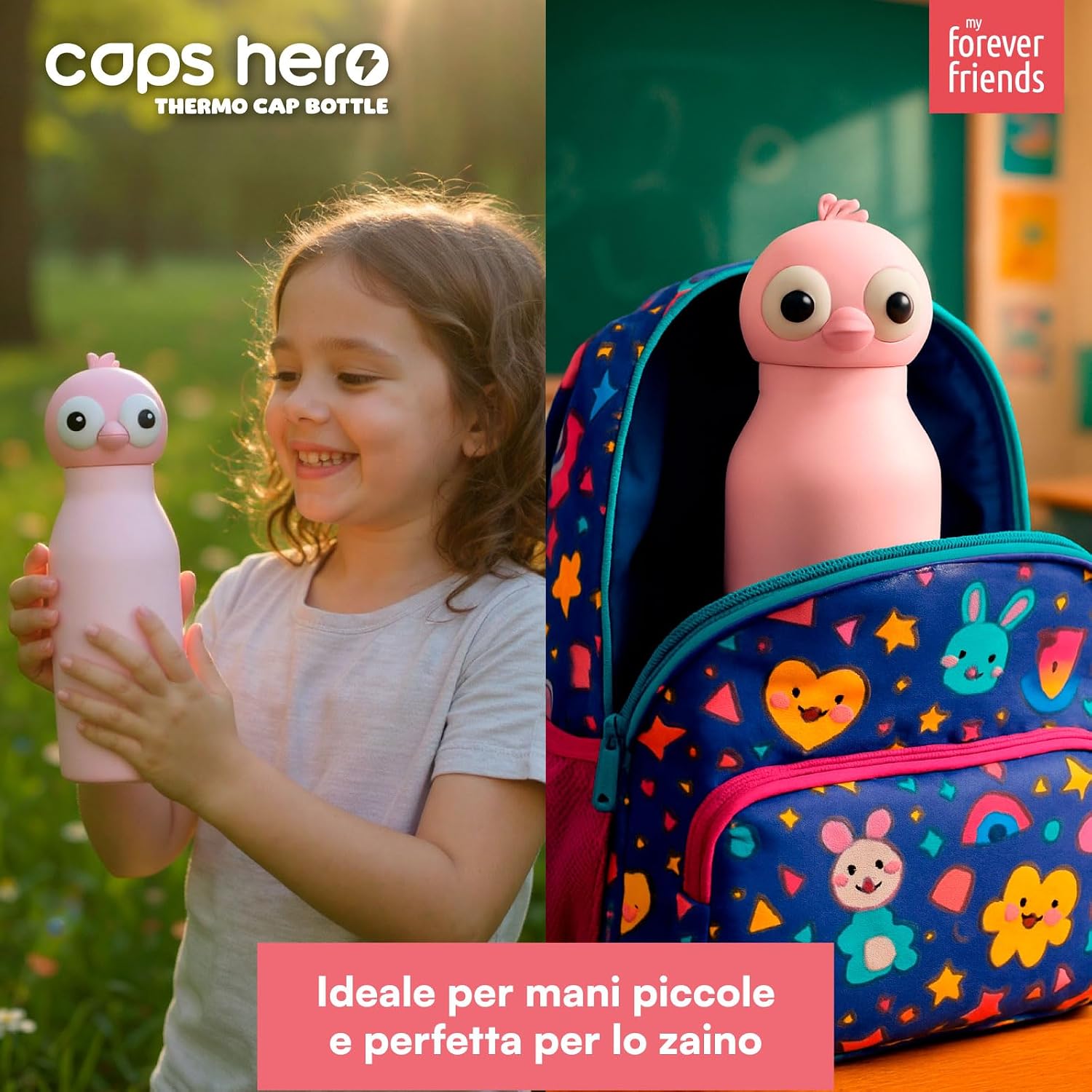 Detalle 2 de CapsHero Borraccia Termica per Bambini Flamingo Fia, Acciaio Inox Senza BPA, 520 ml