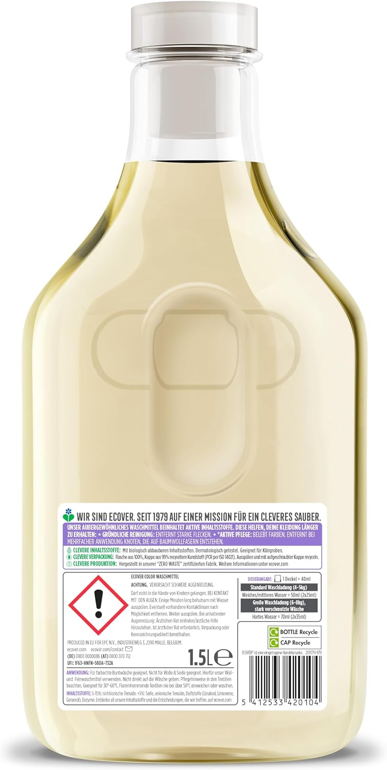 Detalle de Ecover Waschmittel Color, flüssig – Apfelblüten- und Freesienduft, 1,5 L (30 Wäschen)