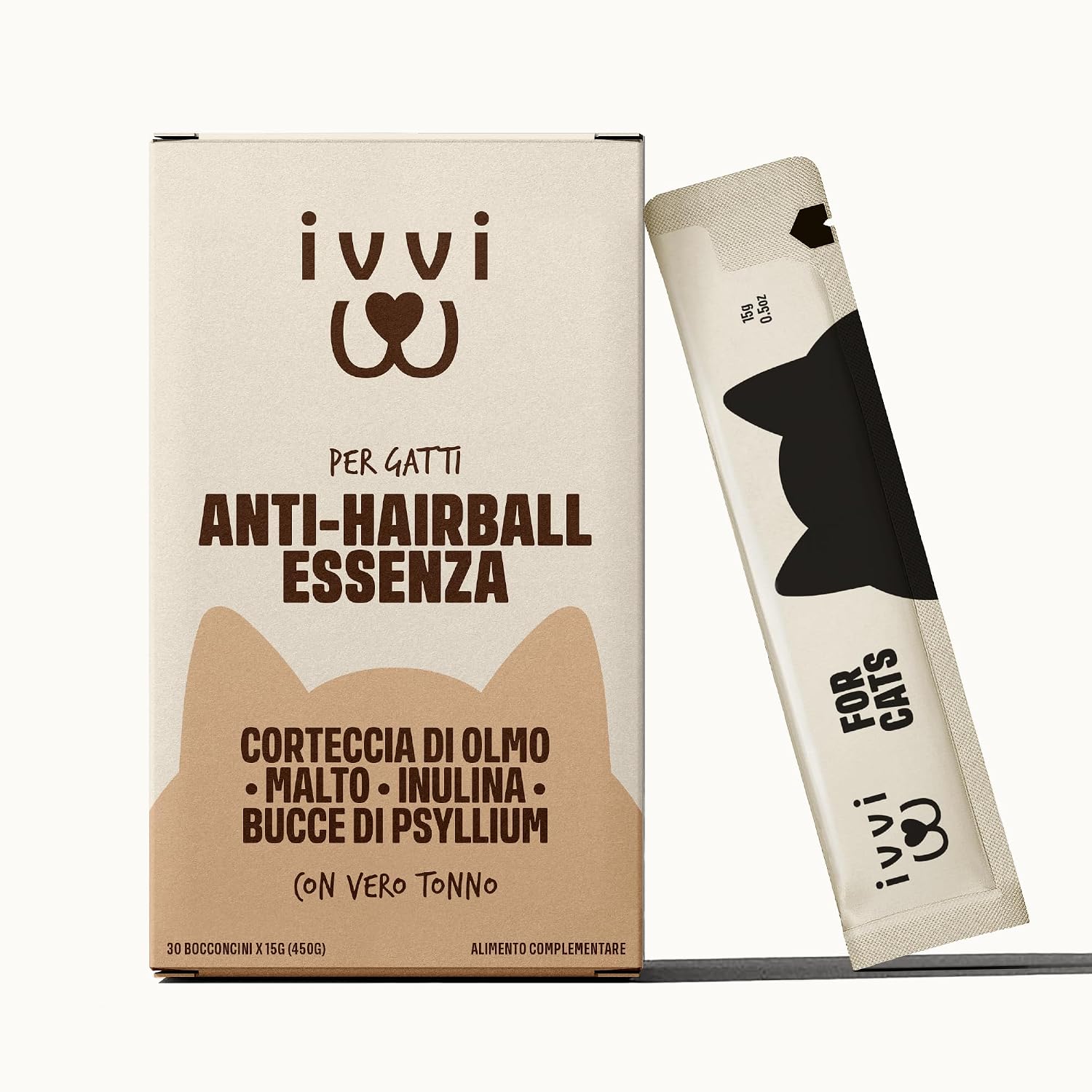 Detalle de ivvi Anti-Hairball Essenza per Gatti con malto, olmo rosso, inulina e psyllium (crema con vero tonno) 30x15g