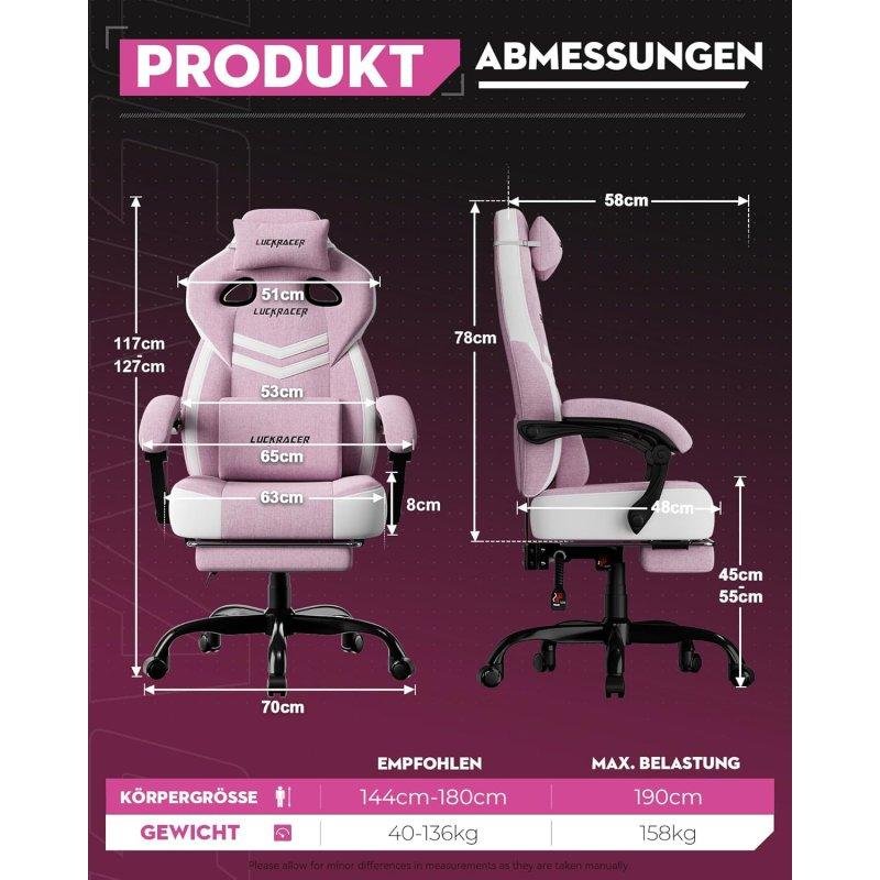 Detalle de GTPLAYER sillón gaming rosa de tela, reclinable hasta 155° y con reposapiés